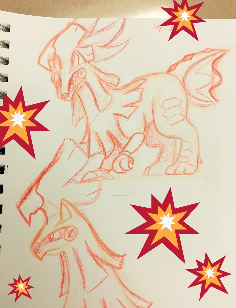 Colored pencil drawings in a notebook of Silvally, not as polished as my current art. It's been edited to have explosion stickers on it. The date is a bit obscured, but it would say 10/13/16.