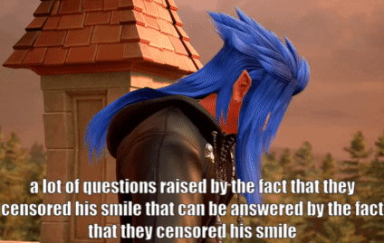 A gif of Saïx's censored smile. Text has been put onto the gif that says 'a lot of questions raised by the fact that they censored his smile that can be answered by the fact that they censored his smile'