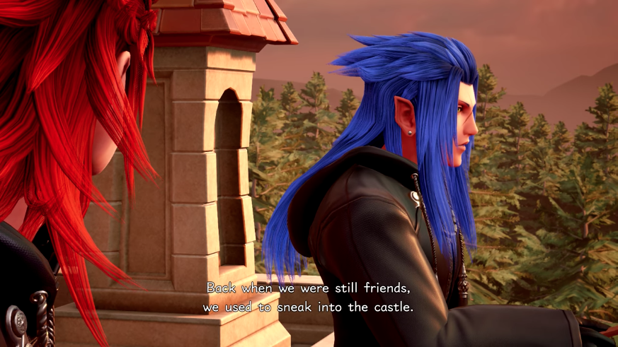 Saïx looks away from Lea as Lea looks at him. 'Back when we were still friends, we used to sneak into the castle.'